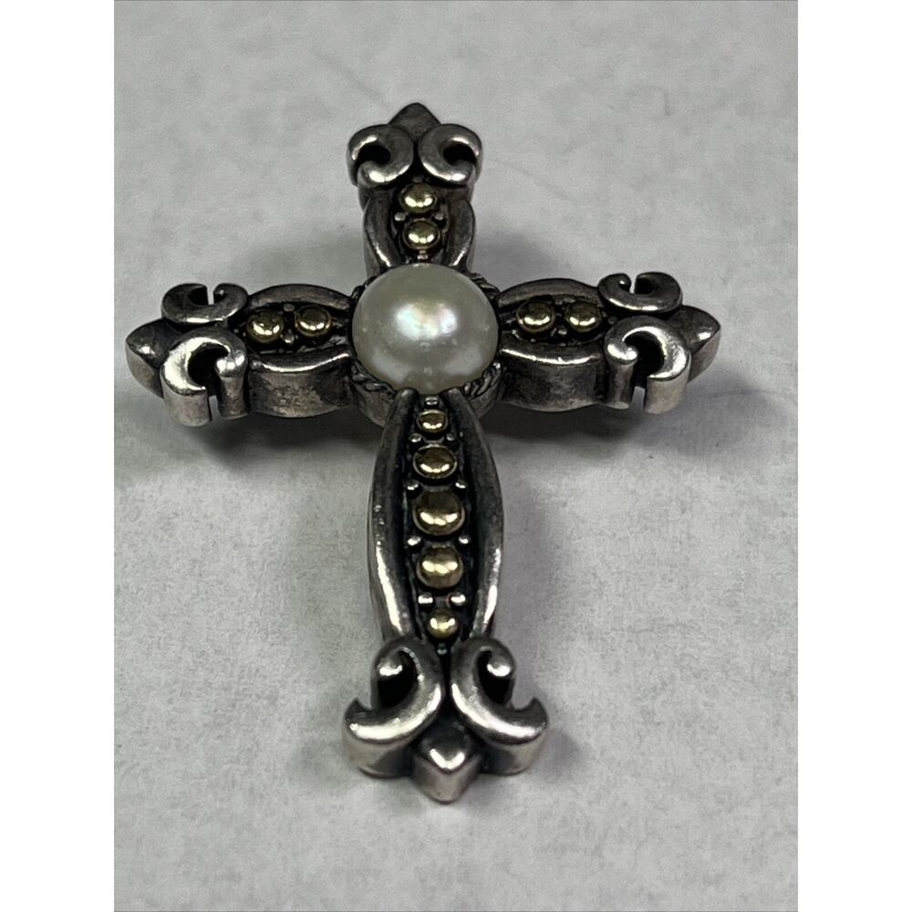 EFFY 18k And Sterling Silver Cross Crucifix Pendant Faux Pearl No Necklace RARE - Picture 5 of 12